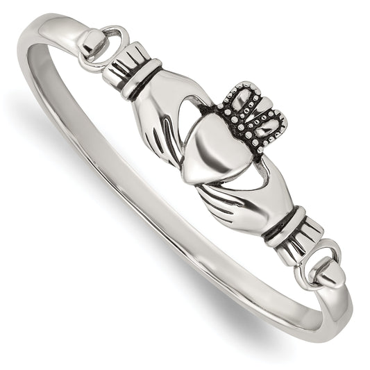 Stainless Steel Chisel Antiqued And Polished Claddagh Bangle
