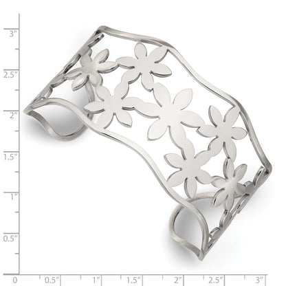Stainless Steel Chisel Polished Flowers Cuff Bangle
