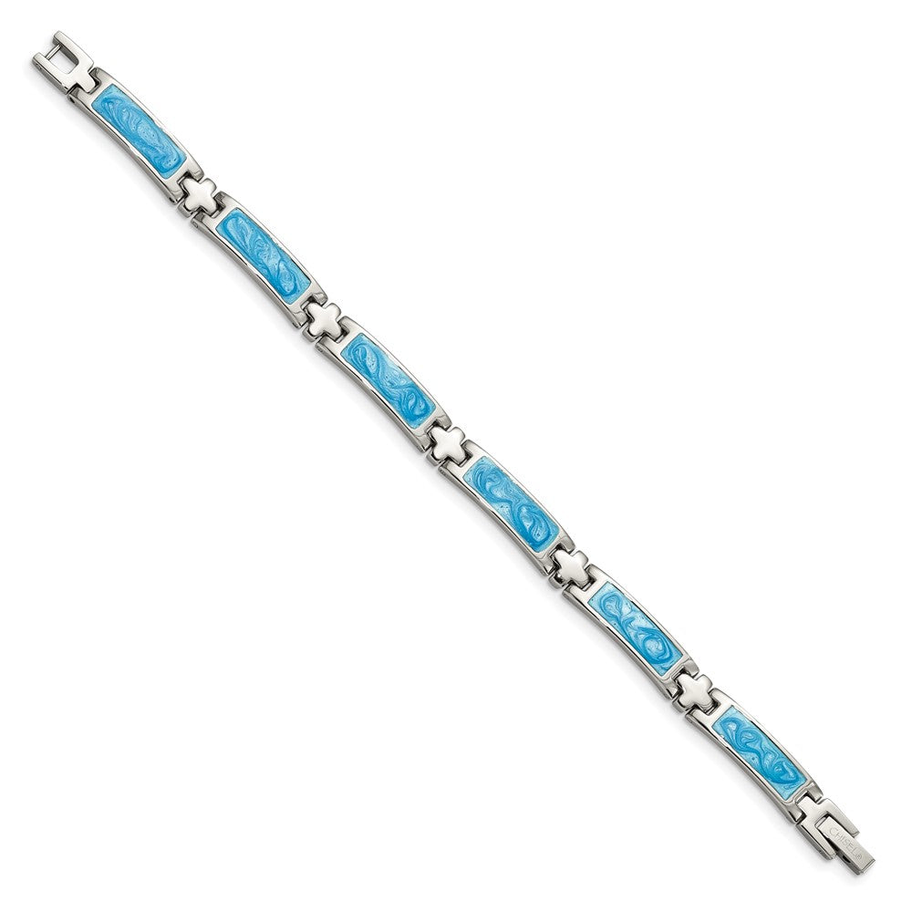 Stainless Steel Chisel Polished With Blue Swirl Enamel 7.25 Inch Link Bracelet
