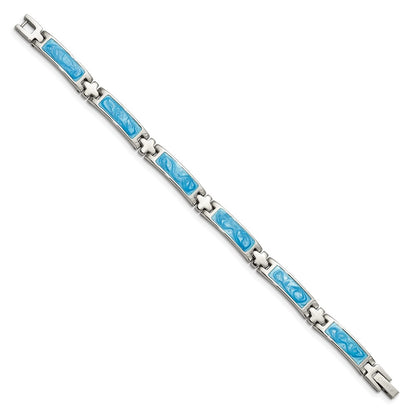 Stainless Steel Chisel Polished With Blue Swirl Enamel 7.25 Inch Link Bracelet