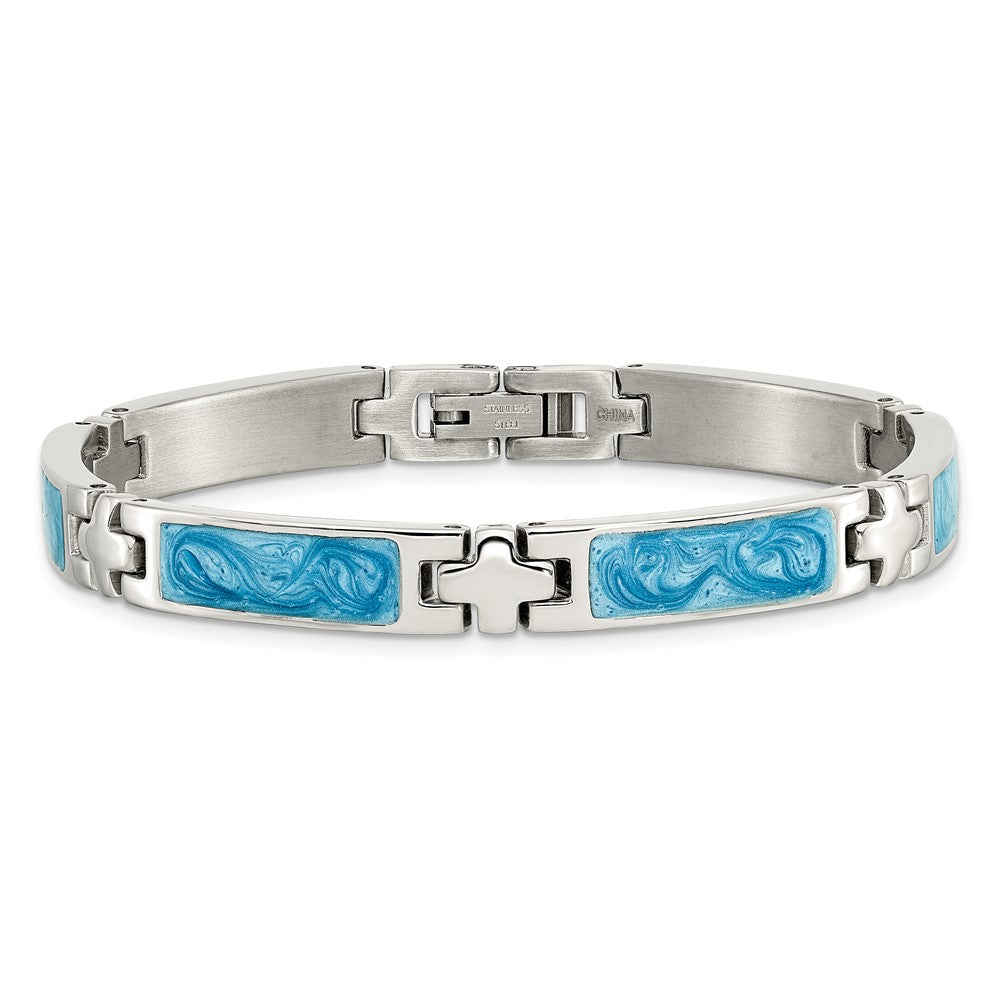 Stainless Steel Chisel Polished With Blue Swirl Enamel 7.25 Inch Link Bracelet
