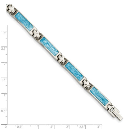 Stainless Steel Chisel Polished With Blue Swirl Enamel 7.25 Inch Link Bracelet