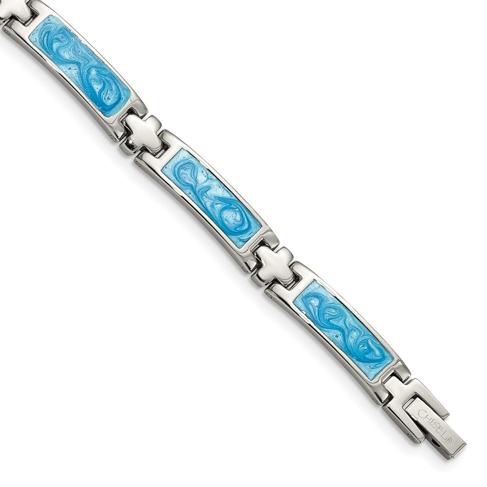 Stainless Steel Chisel Polished With Blue Swirl Enamel 7.25 Inch Link Bracelet