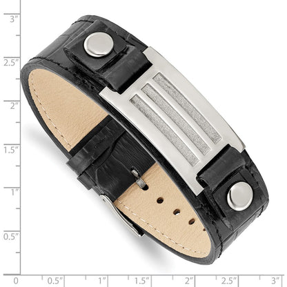 9 Inch Stainless Steel Polished Black Leather W/Stone Finish 9.5In Bracelet