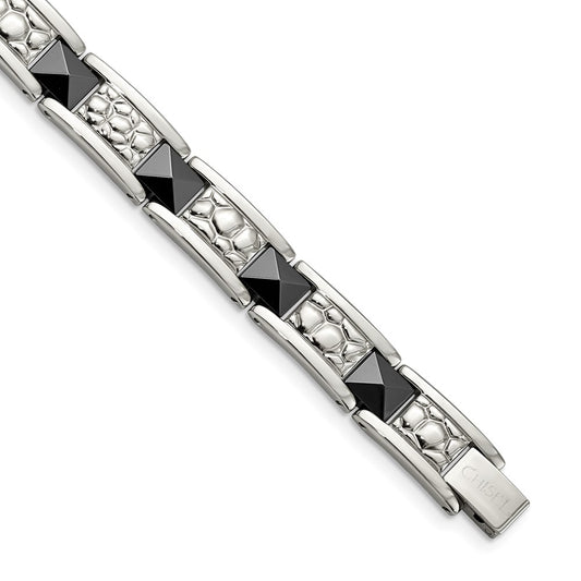 Stainless Steel Chisel Polished And Textured Black Ip-Plated 8.5 Inch Link Bracelet