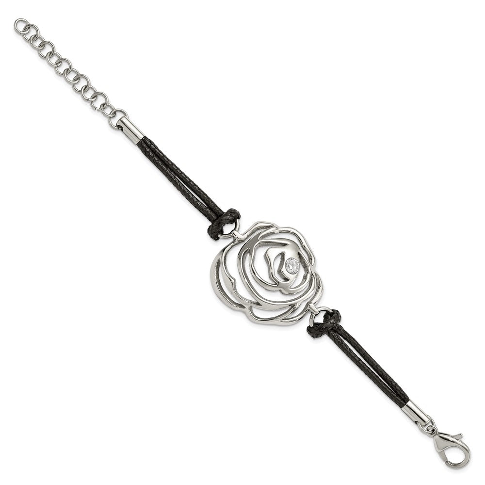 7.5 Inch Stainless Steel Cz Flower W/ Cord W/1.5In Ext Bracelet
