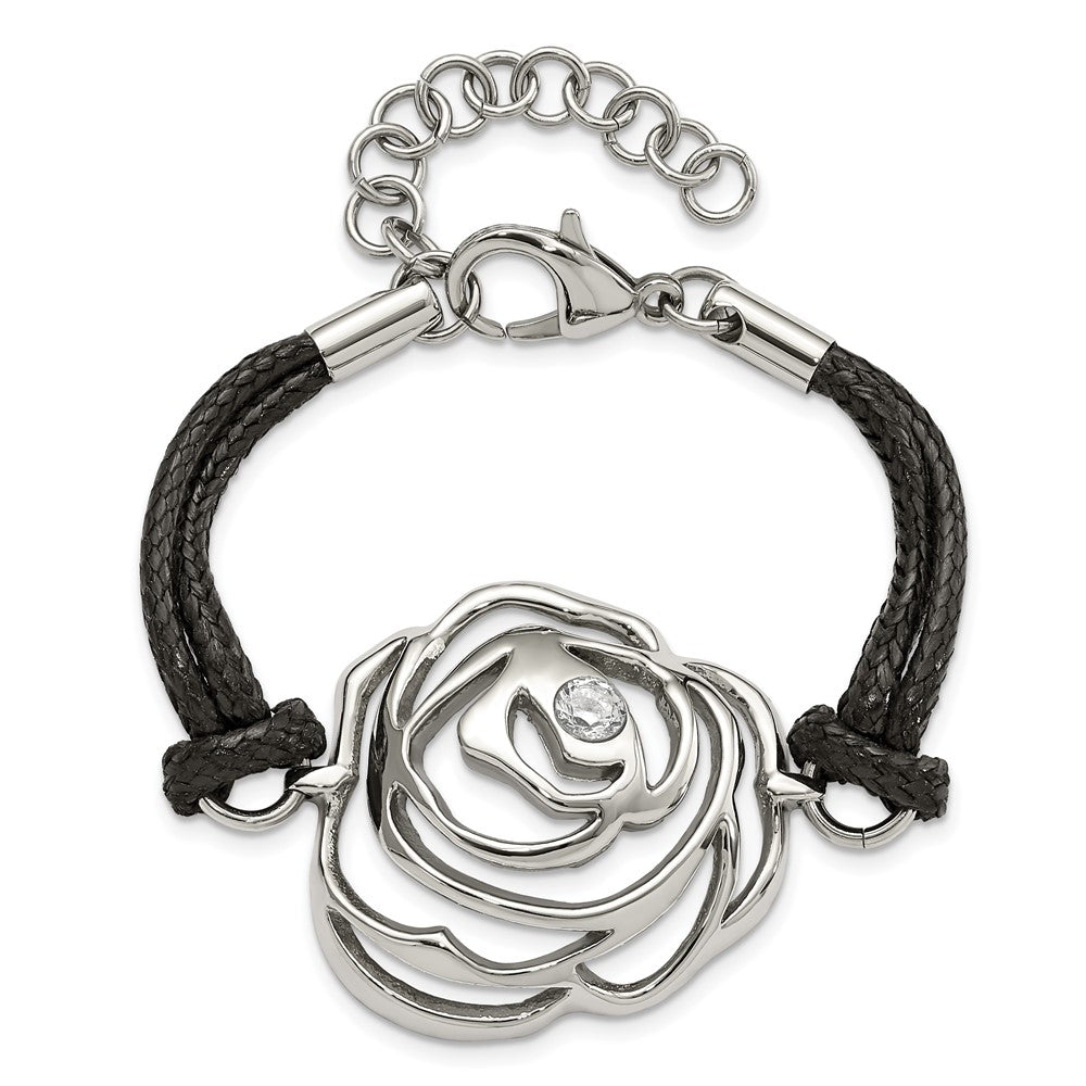 7.5 Inch Stainless Steel Cz Flower W/ Cord W/1.5In Ext Bracelet