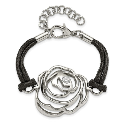 7.5 Inch Stainless Steel Cz Flower W/ Cord W/1.5In Ext Bracelet
