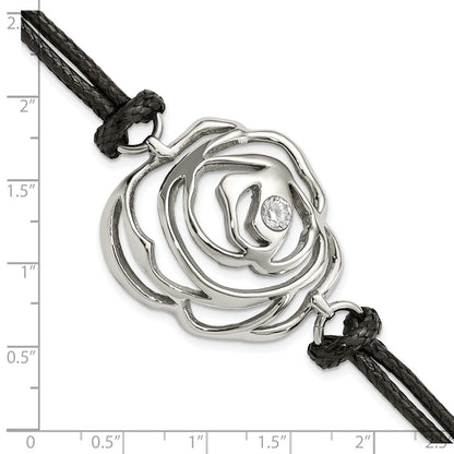 7.5 Inch Stainless Steel Cz Flower W/ Cord W/1.5In Ext Bracelet