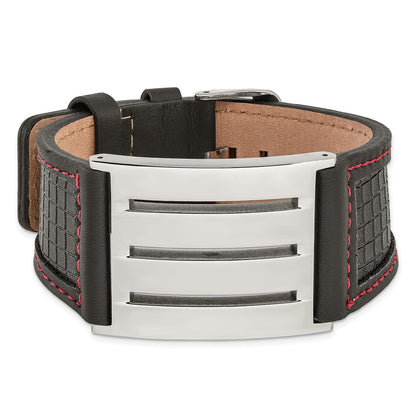 9.25 Inch Stainless Steel Black Leather W/ Red Trim Polished Buckle Bracelet