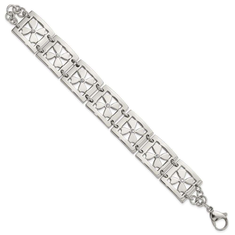 Stainless Steel Polished Cz Floral Square 8 Inch Bracelet