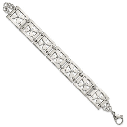 Stainless Steel Polished Cz Floral Square 8 Inch Bracelet