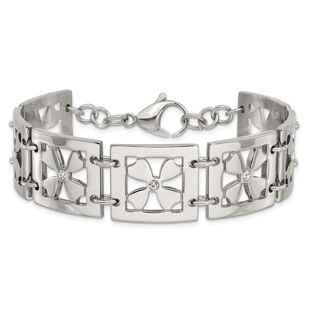 Stainless Steel Polished Cz Floral Square 8 Inch Bracelet