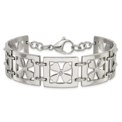 Stainless Steel Polished Cz Floral Square 8 Inch Bracelet