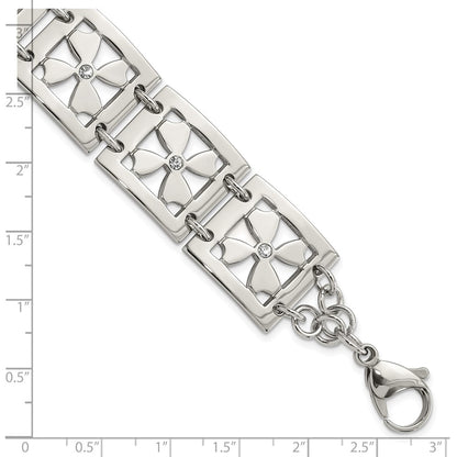 Stainless Steel Polished Cz Floral Square 8 Inch Bracelet