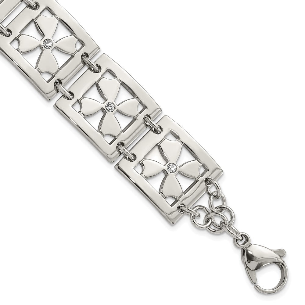 Stainless Steel Polished Cz Floral Square 8 Inch Bracelet