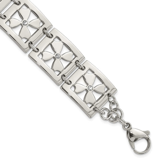 Stainless Steel Polished Cz Floral Square 8 Inch Bracelet