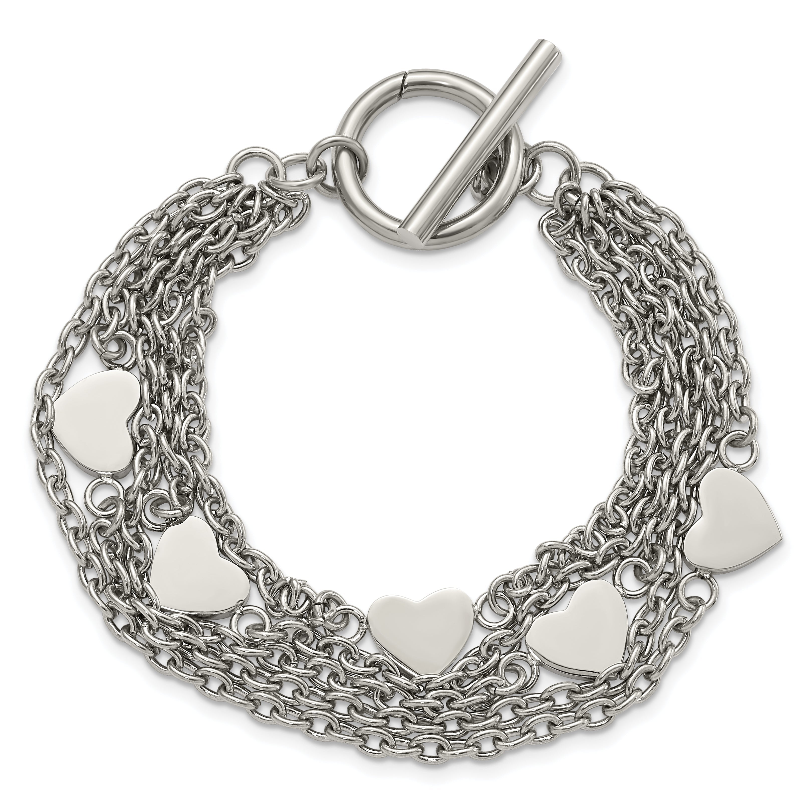8 Inch Stainless Steel Polished Multistrand Hearts Chain Toggle Bracelet