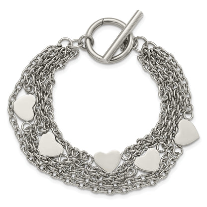 8 Inch Stainless Steel Polished Multistrand Hearts Chain Toggle Bracelet