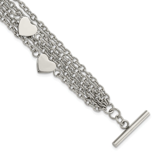 8 Inch Stainless Steel Polished Multistrand Hearts Chain Toggle Bracelet