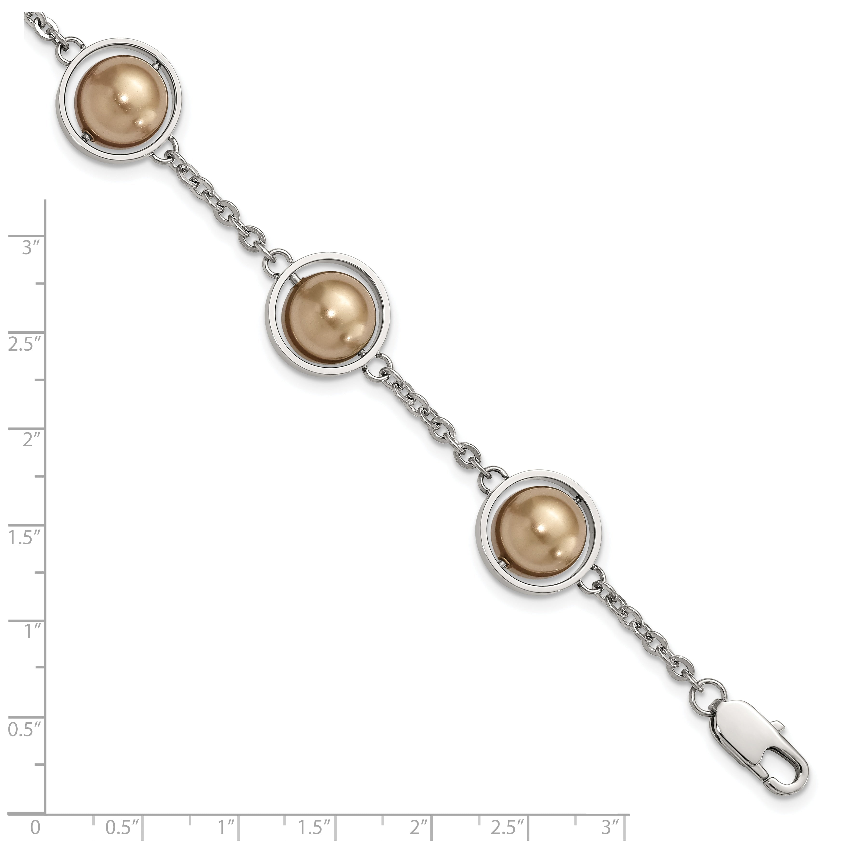 8.5 Inch Stainless Steel Polished Champagne Beads W/1In Ext Bracelet