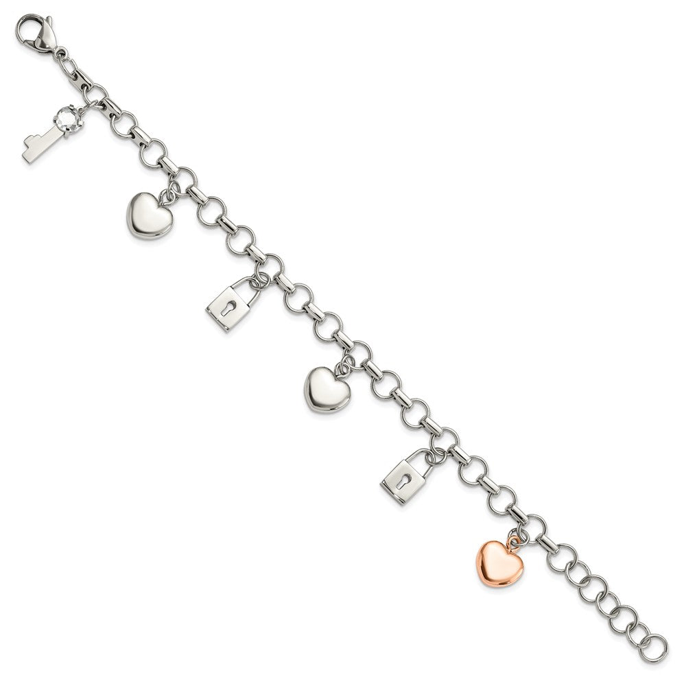 8.5 Inch Stainless Steel Rose Ip-Plated Polished Cz Heart, Lock & Key W/ 1In Ext Bracelet