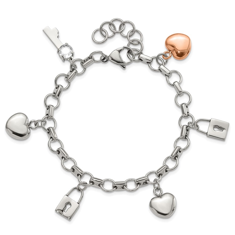 8.5 Inch Stainless Steel Rose Ip-Plated Polished Cz Heart, Lock & Key W/ 1In Ext Bracelet