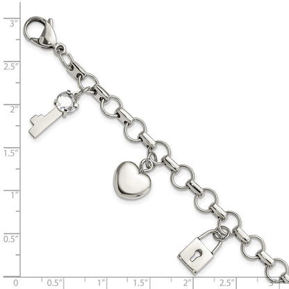8.5 Inch Stainless Steel Rose Ip-Plated Polished Cz Heart, Lock & Key W/ 1In Ext Bracelet