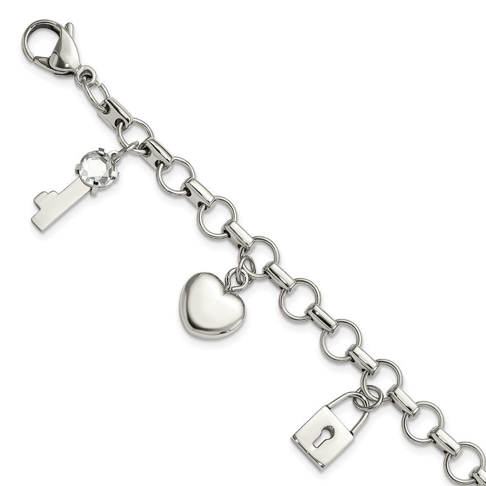 8.5 Inch Stainless Steel Rose Ip-Plated Polished Cz Heart, Lock & Key W/ 1In Ext Bracelet
