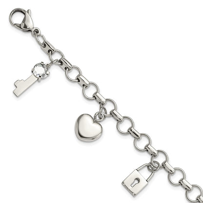 8.5 Inch Stainless Steel Rose Ip-Plated Polished Cz Heart, Lock & Key W/ 1In Ext Bracelet
