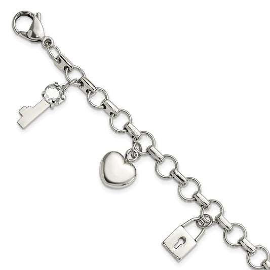 8.5 Inch Stainless Steel Rose Ip-Plated Polished Cz Heart, Lock & Key W/ 1In Ext Bracelet