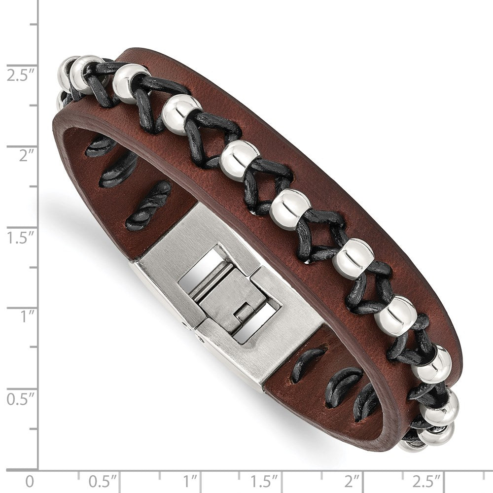 Stainless Steel Chisel Black And Brown Leather With Polished Beads 8.5 Inch Bracelet