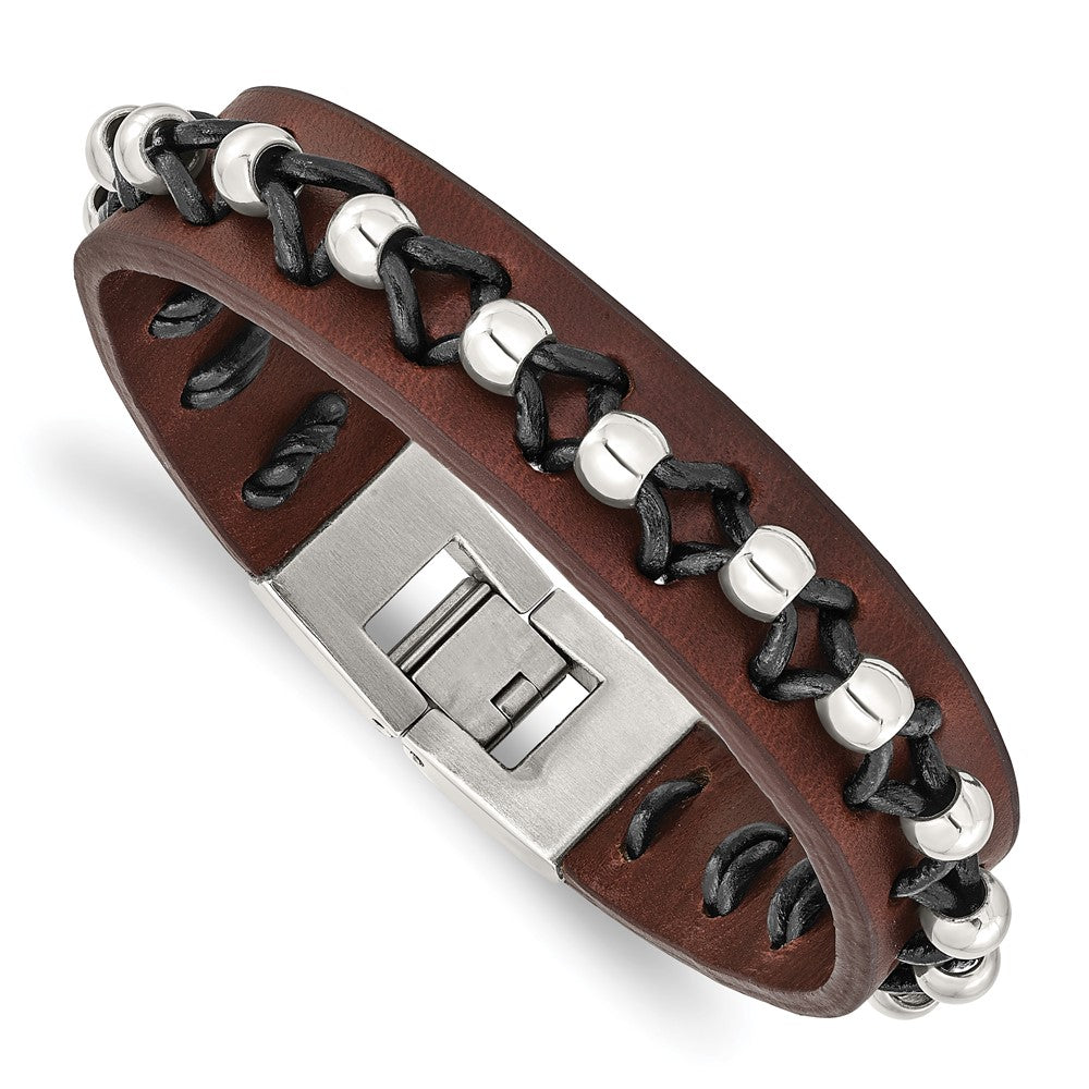 Stainless Steel Chisel Black And Brown Leather With Polished Beads 8.5 Inch Bracelet