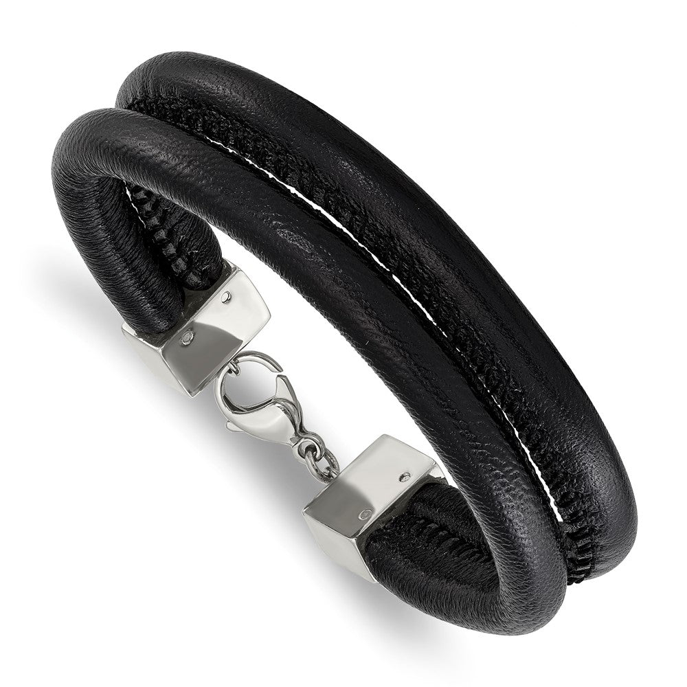 8.5 Inch Stainless Steel Polished Black Leather Double Row 8.5In Bracelet
