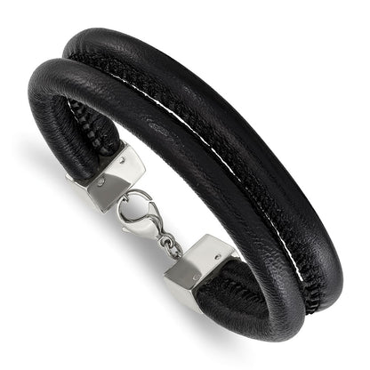 8.5 Inch Stainless Steel Polished Black Leather Double Row 8.5In Bracelet