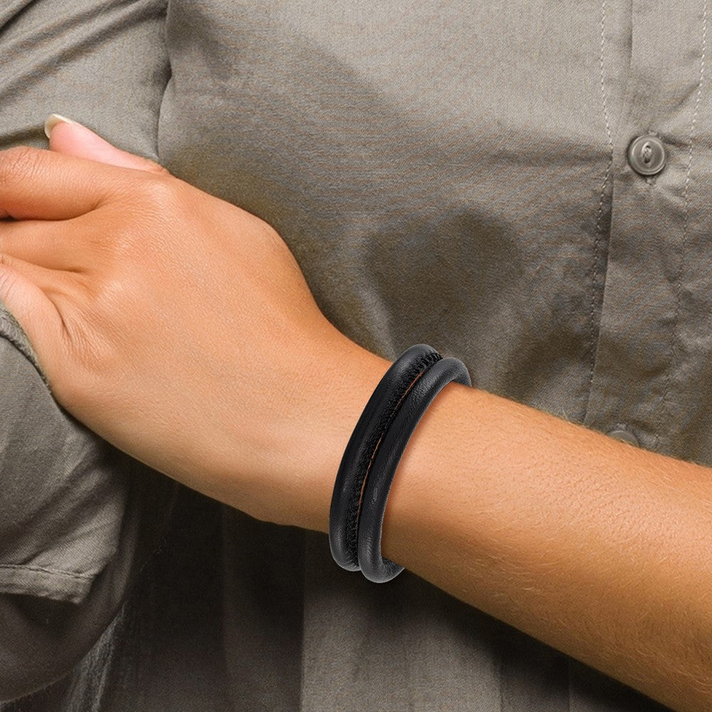 8.5 Inch Stainless Steel Polished Black Leather Double Row 8.5In Bracelet