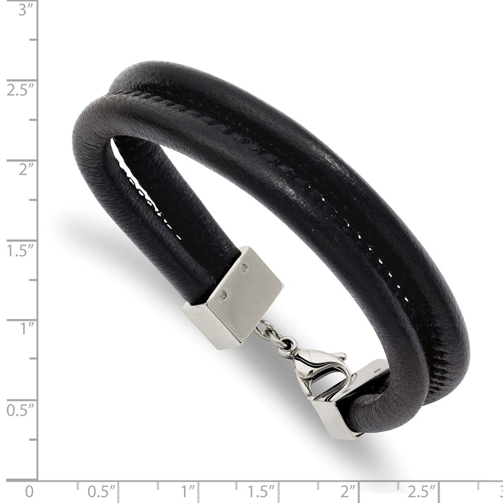 8.5 Inch Stainless Steel Polished Black Leather Double Row 8.5In Bracelet