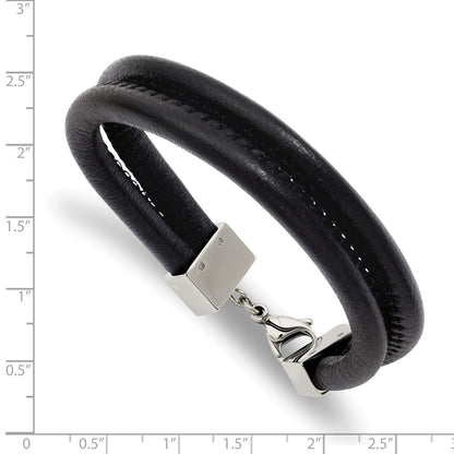 8.5 Inch Stainless Steel Polished Black Leather Double Row 8.5In Bracelet