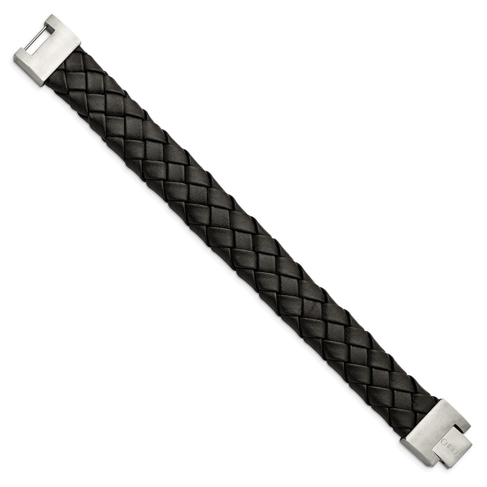 Stainless Steel Chisel Brushed Black Leather 8.5 Inch Bracelet