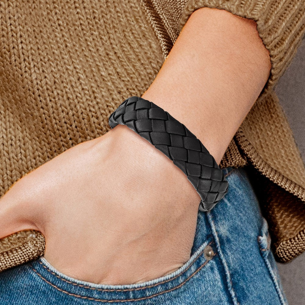 Stainless Steel Chisel Brushed Black Leather 8.5 Inch Bracelet