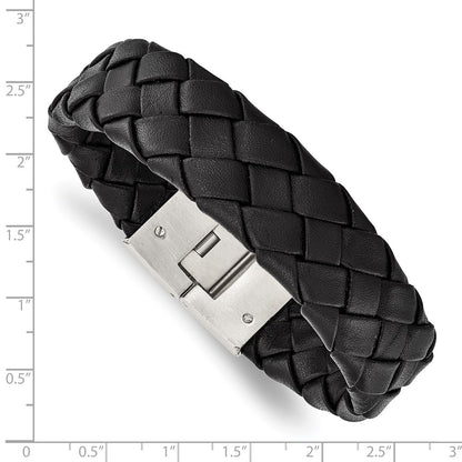 Stainless Steel Chisel Brushed Black Leather 8.5 Inch Bracelet
