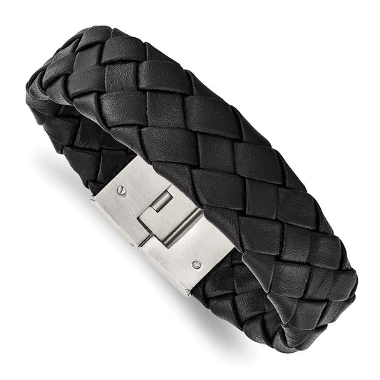 Stainless Steel Chisel Brushed Black Leather 8.5 Inch Bracelet