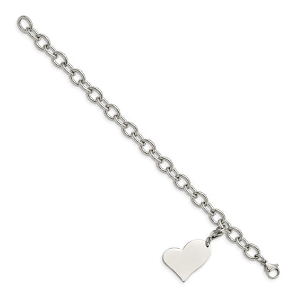 Stainless Steel Chisel Polished Link With Heart Lobster Clasp Charm 8 Inch Bracelet