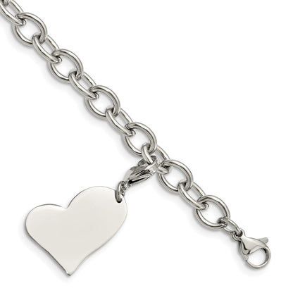 Stainless Steel Chisel Polished Link With Heart Lobster Clasp Charm 8 Inch Bracelet
