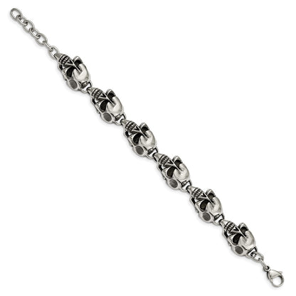 Stainless Steel Chisel Antiqued And Polished Skull Link 8.5 Inch Bracelet