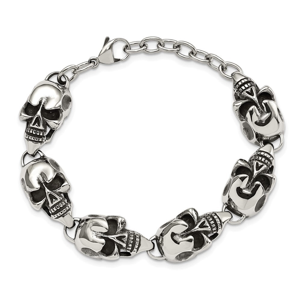 Stainless Steel Chisel Antiqued And Polished Skull Link 8.5 Inch Bracelet