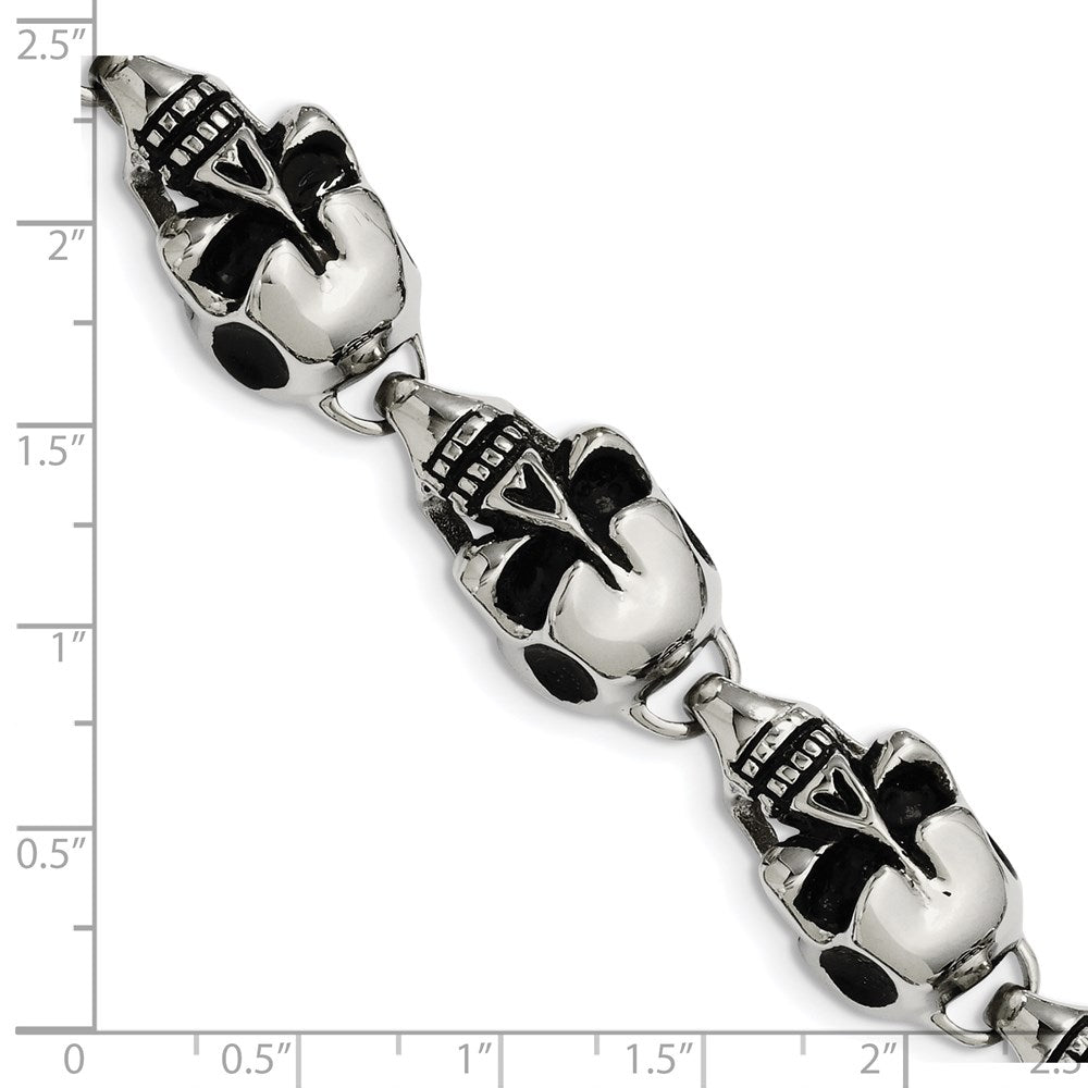 Stainless Steel Chisel Antiqued And Polished Skull Link 8.5 Inch Bracelet