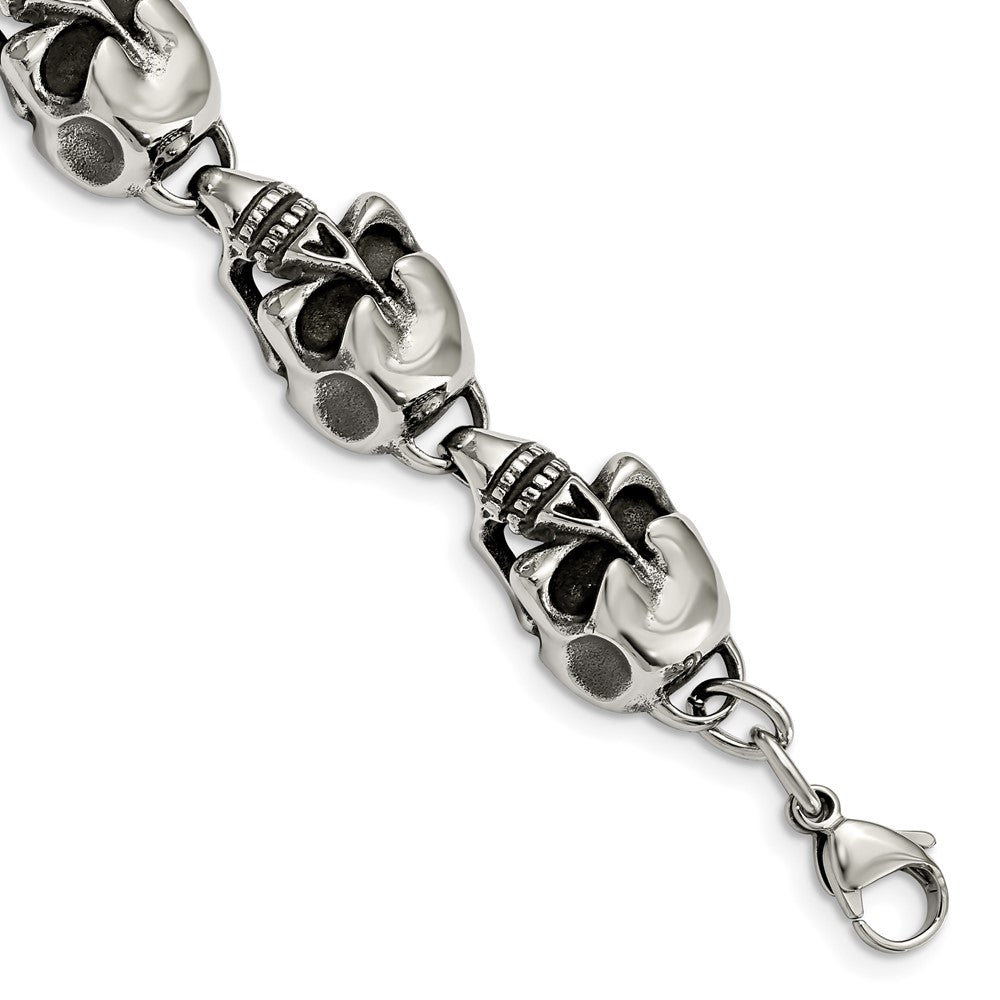 Stainless Steel Chisel Antiqued And Polished Skull Link 8.5 Inch Bracelet