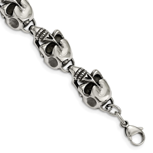 Stainless Steel Chisel Antiqued And Polished Skull Link 8.5 Inch Bracelet