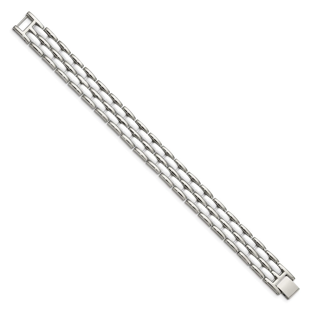 Stainless Steel Chisel Polished With Double Row White Ceramic 8.25 Inch Link Bracelet
